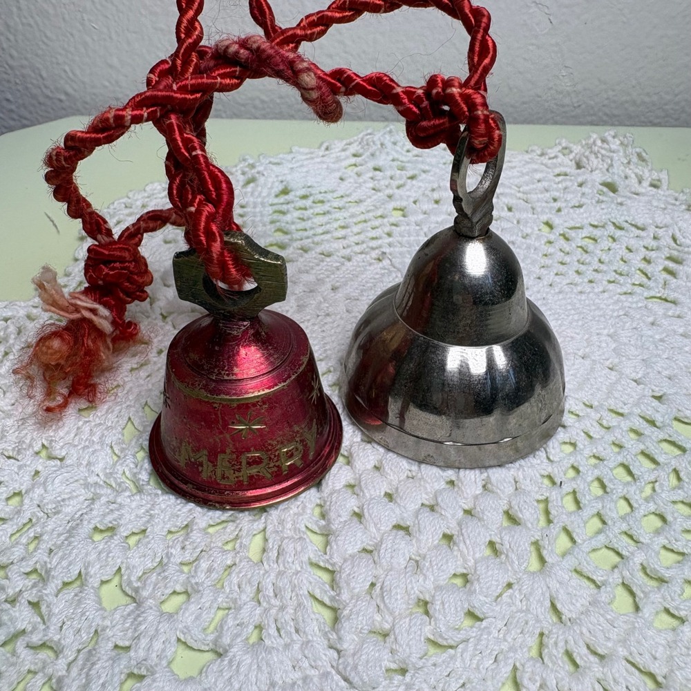 Vintage Red Silver Christmas Bell Ornament Kitsch Brass Metal
